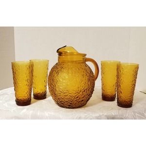 Anchor Hocking 64oz Amber Glass Milano Lido Ball Pitcher And Four 16oz Tumblers